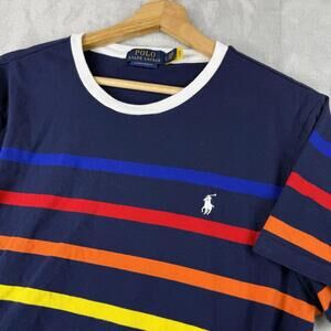 Polo Ralph Lauren Striped T Shirt Navy Multicolor Pony Logo Custom Slim Mem sz M
